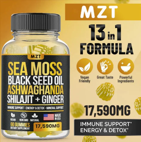 Sea Moss, Black Seed Oil, Ashwagandha, Ginger, Shilajit Gummies with Elderberry, Chlorophyll, Turmeric Bladderwrack Sea Moss Gummies Advanced Strength Formula - All in 1 Bundle - USA Made (60 Gummies)
