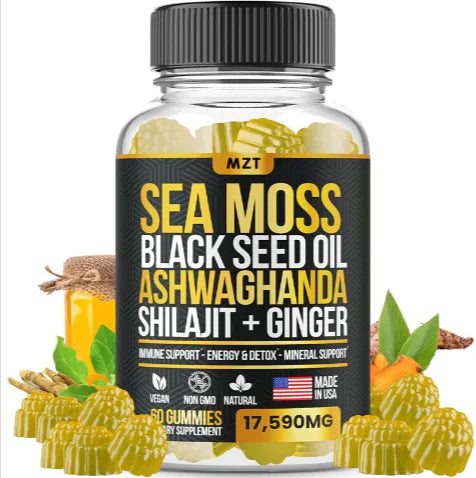 Sea Moss, Black Seed Oil, Ashwagandha, Ginger, Shilajit Gummies with Elderberry, Chlorophyll, Turmeric Bladderwrack Sea Moss Gummies Advanced Strength Formula - All in 1 Bundle - USA Made (60 Gummies)